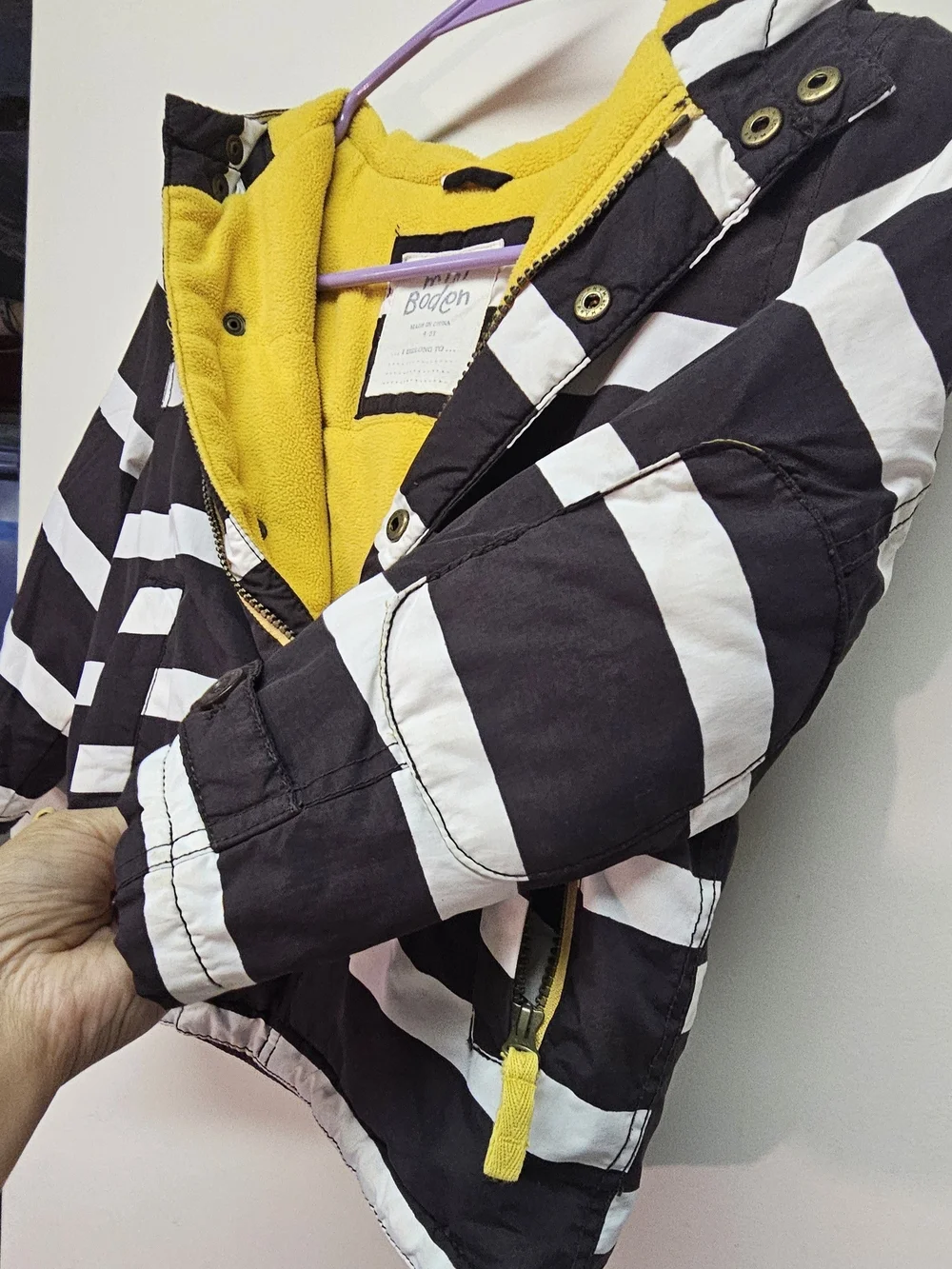 Boden Black & White Striped Puffer Jacket with Yellow Lining